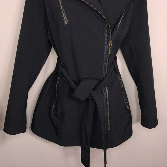 Small Avanti Black Belted Jacket Gold Zippers Faux Leather Trim Collar Lined - Picture 11 of 14